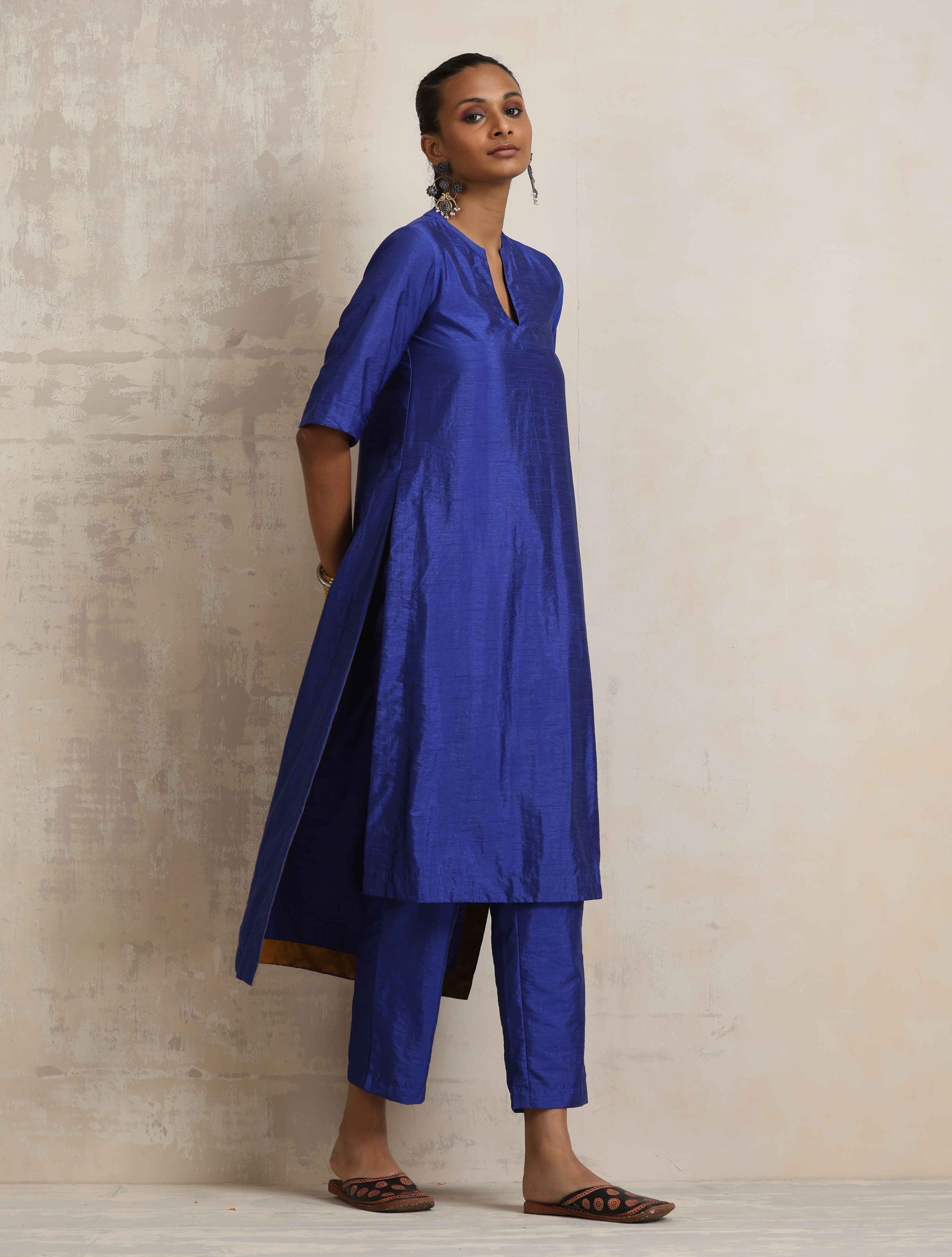 trueBrowns Blue Silk High Slit Kurta Set - Distacart