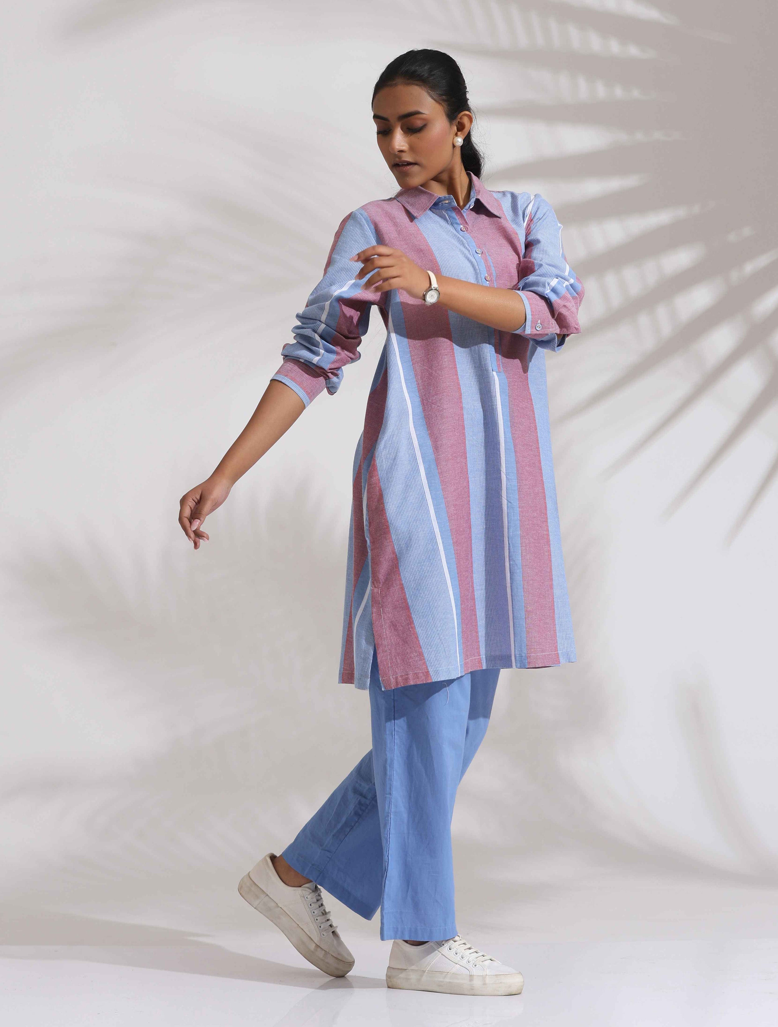 trueBrowns Blue Cotton Stripe Kurta Co-ord Set - Distacart