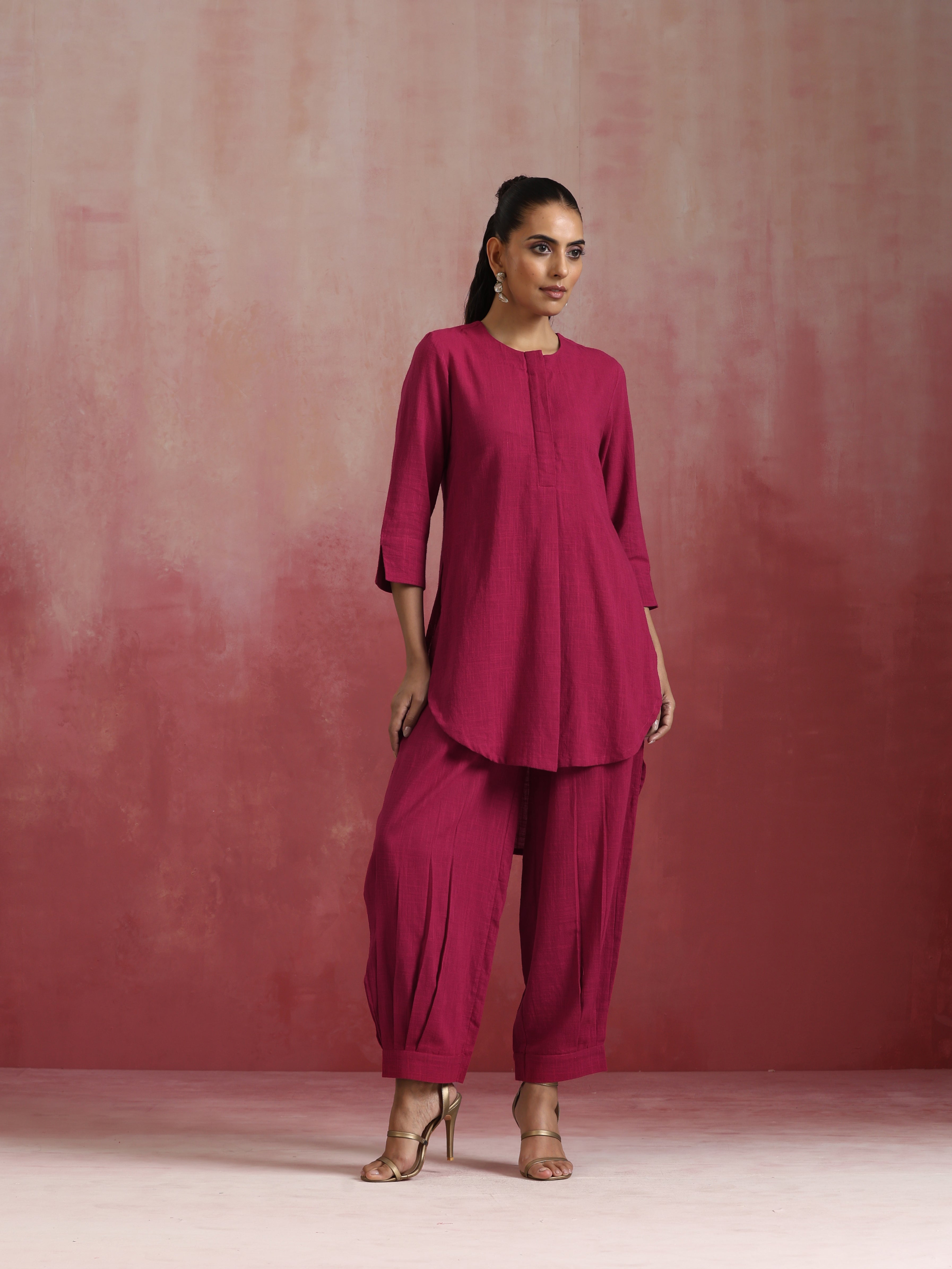 trueBrowns Magenta Cotton Kurta Co-ord set - Distacart