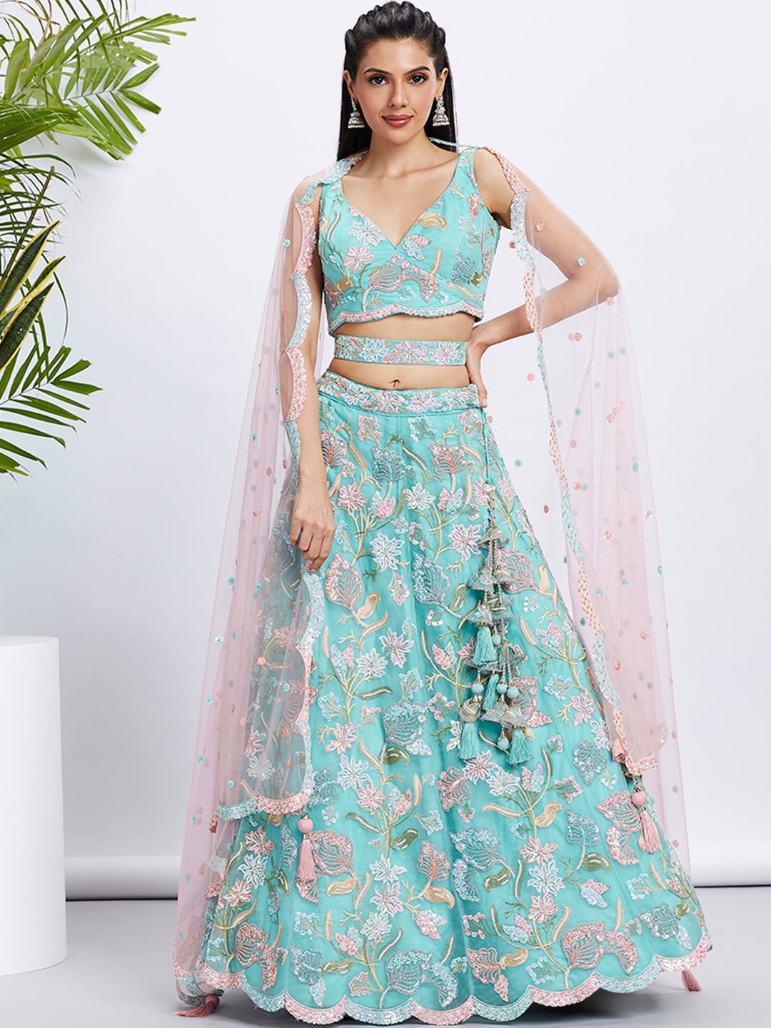 House of Panchhi Turquoise Blue Chiffon Sequins And Thread Embroidery Lehenga Choli & Printed Dupatta - Distacart