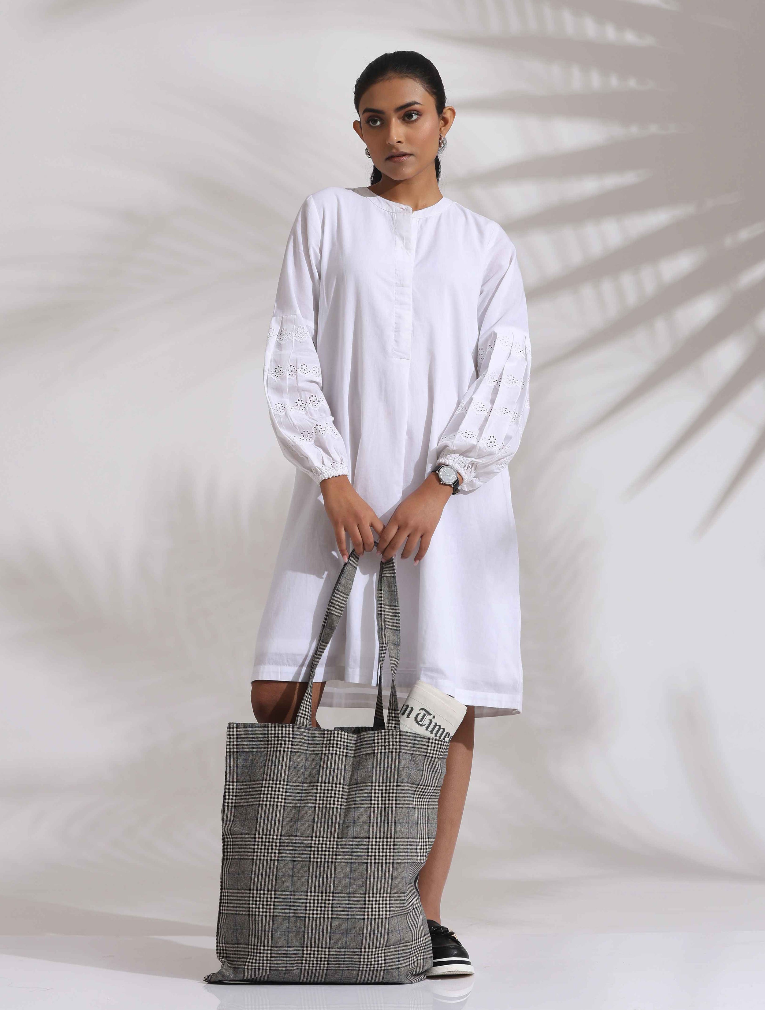 trueBrowns White Cotton Schiffli Short Dress - Distacart