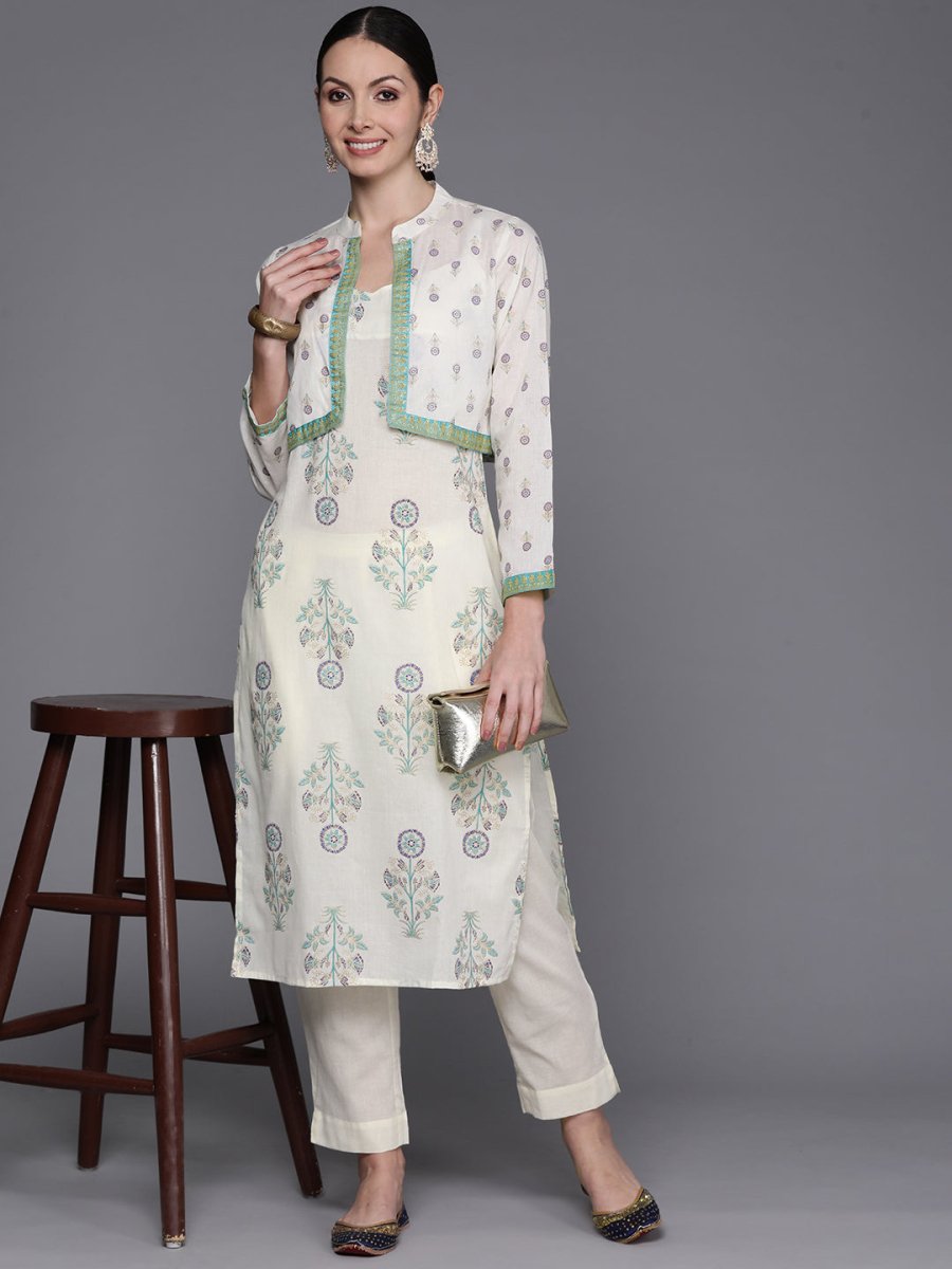 Ahalyaa Floral Printed Regular Pure Cotton Kurta with Trousers & Jacket - Distacart