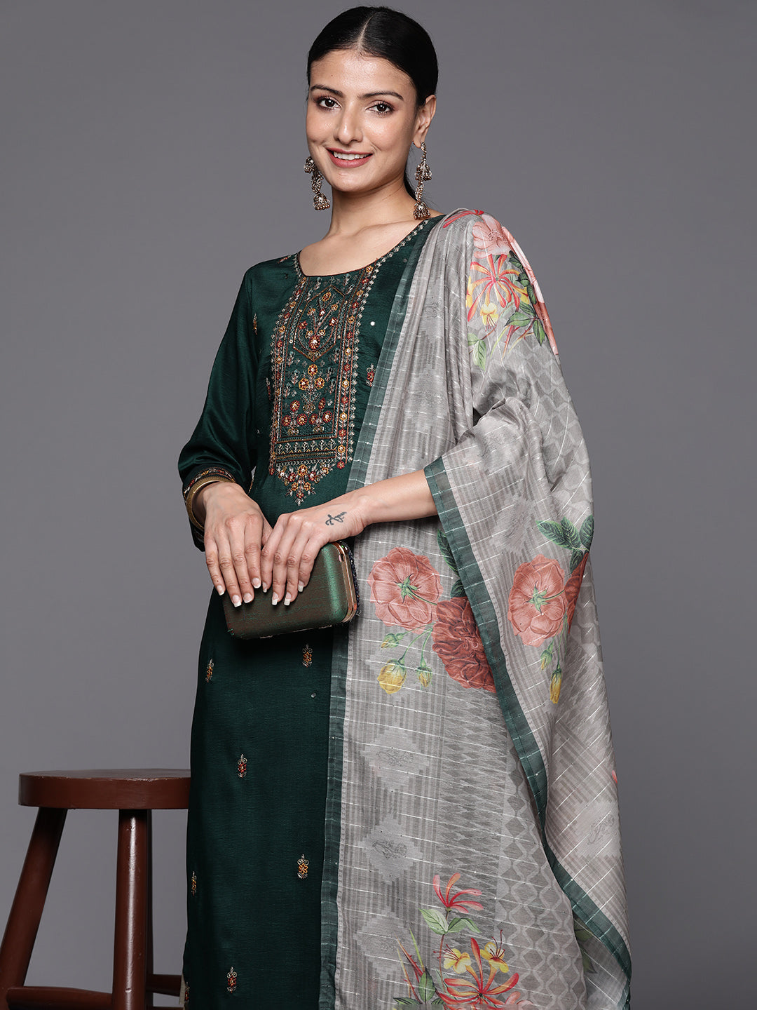 Varanga Women Green Three Quater Sleeve Embroidered Kurta Paired With Sharara And Dupatta - Distacart