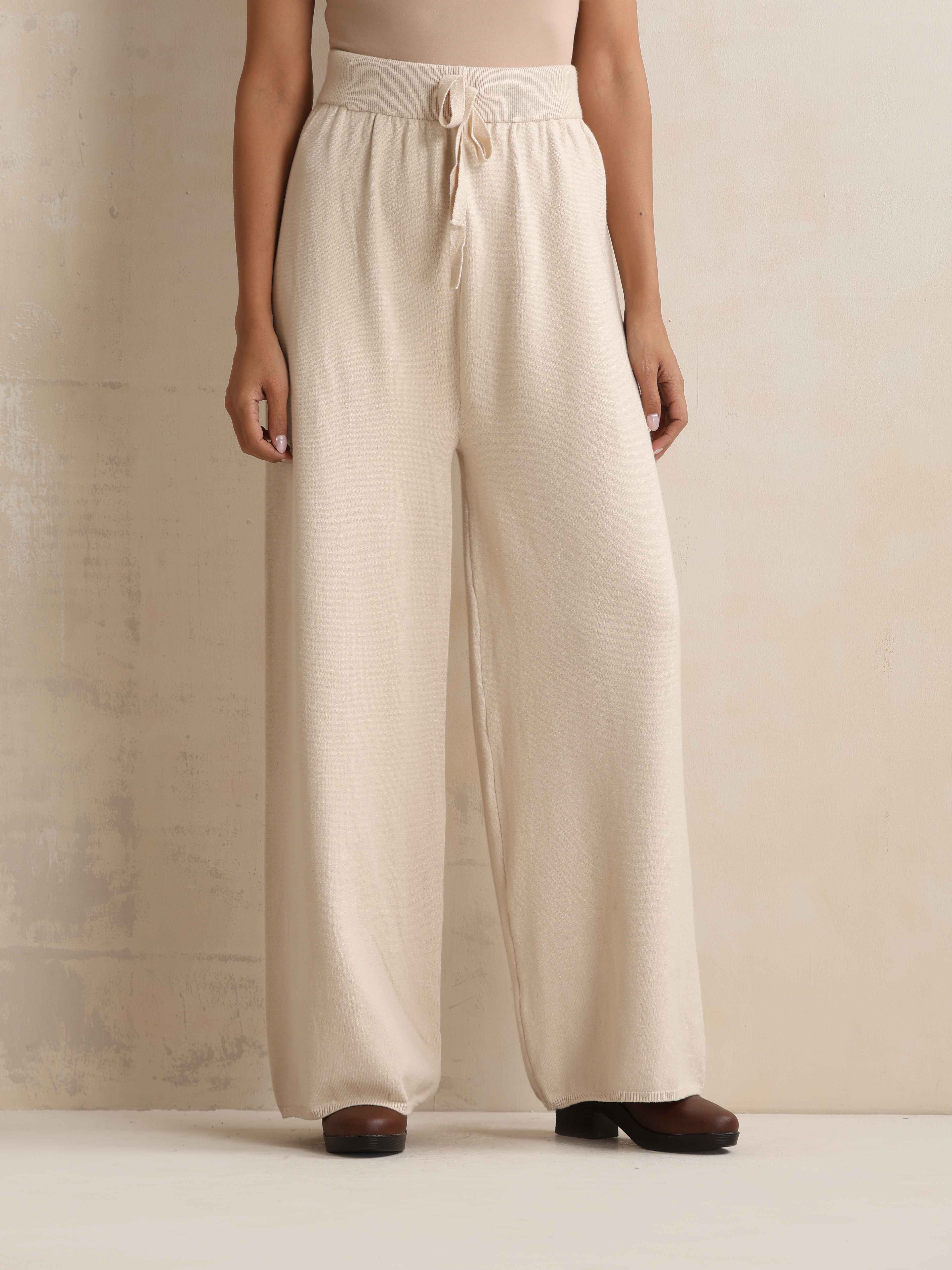 trueBrowns Ivory Woollen Flared Pants - Distacart