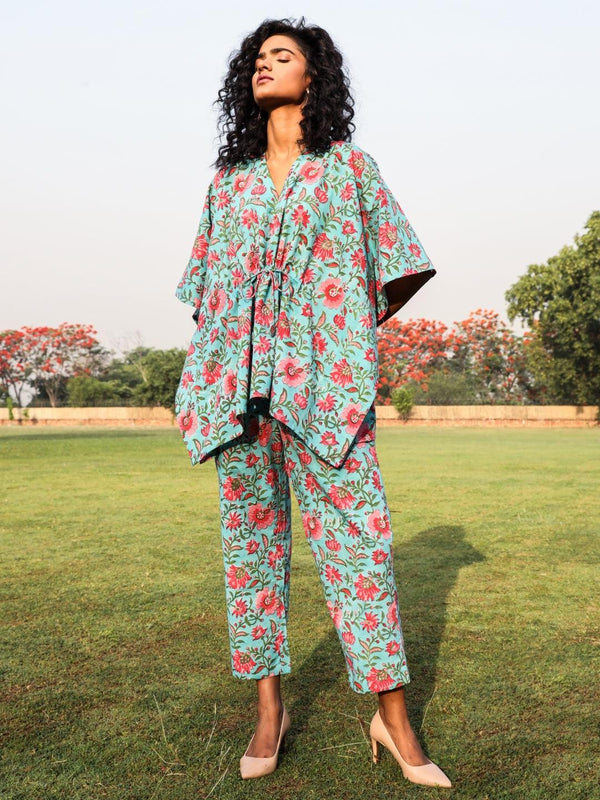 trueBrowns Aqua Cotton Block Print Kaftan Co-Ord Set - Distacart