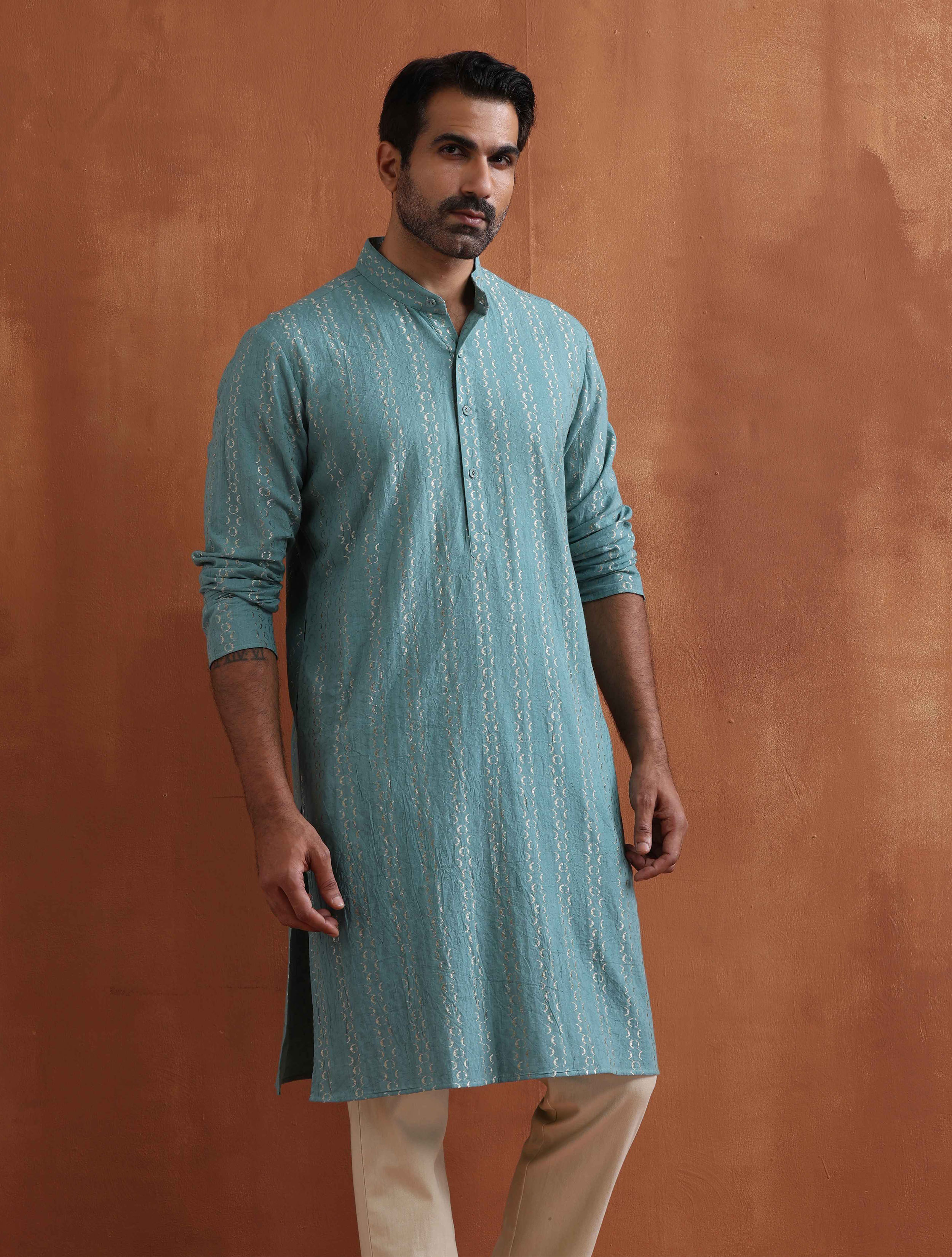 trueBrowns Men's Green Textured Cotton Dobby Kurta - Distacart