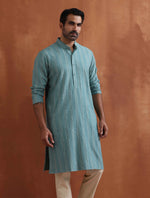 Thumbnail for trueBrowns Men's Green Textured Cotton Dobby Kurta