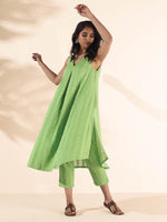 Thumbnail for trueBrowns Green Cotton Dobby Sleeveless Kurta Pant Set - Distacart