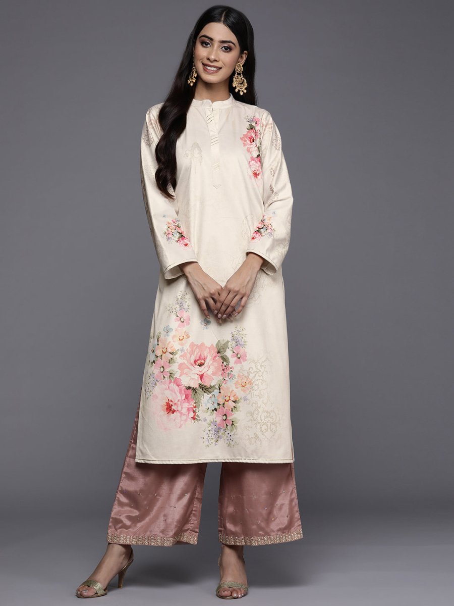 Ahalyaa Women Cream-Coloured & Pink Floral Printed Gotta Patti Floral Velvet Kurta - Distacart