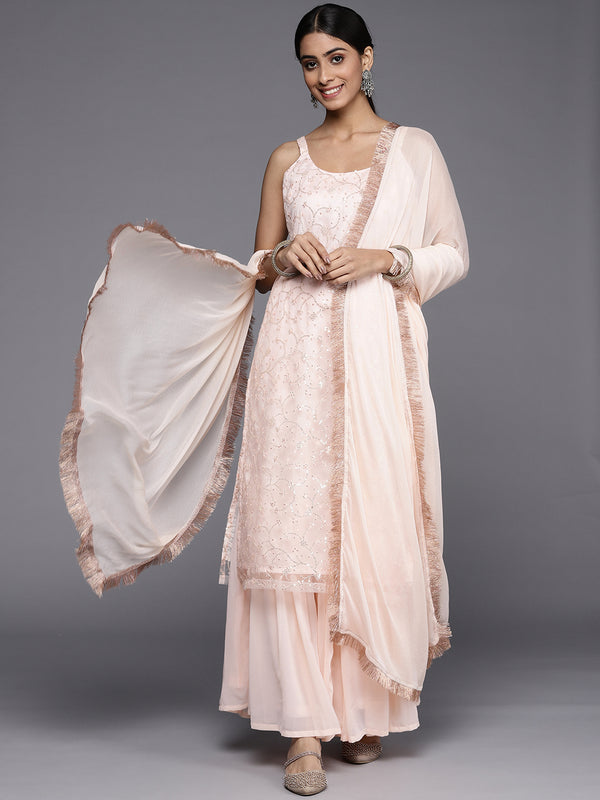 Varanga Peach Embroidered Kurta Paired With Tonal Sharara And Dupatta - Distacart