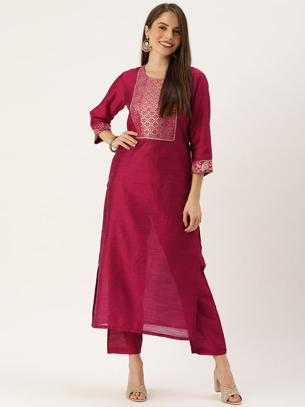 Varanga Magenta Silk Kurta With Woven Yoke And Fully Elasticated Trouser - Distacart