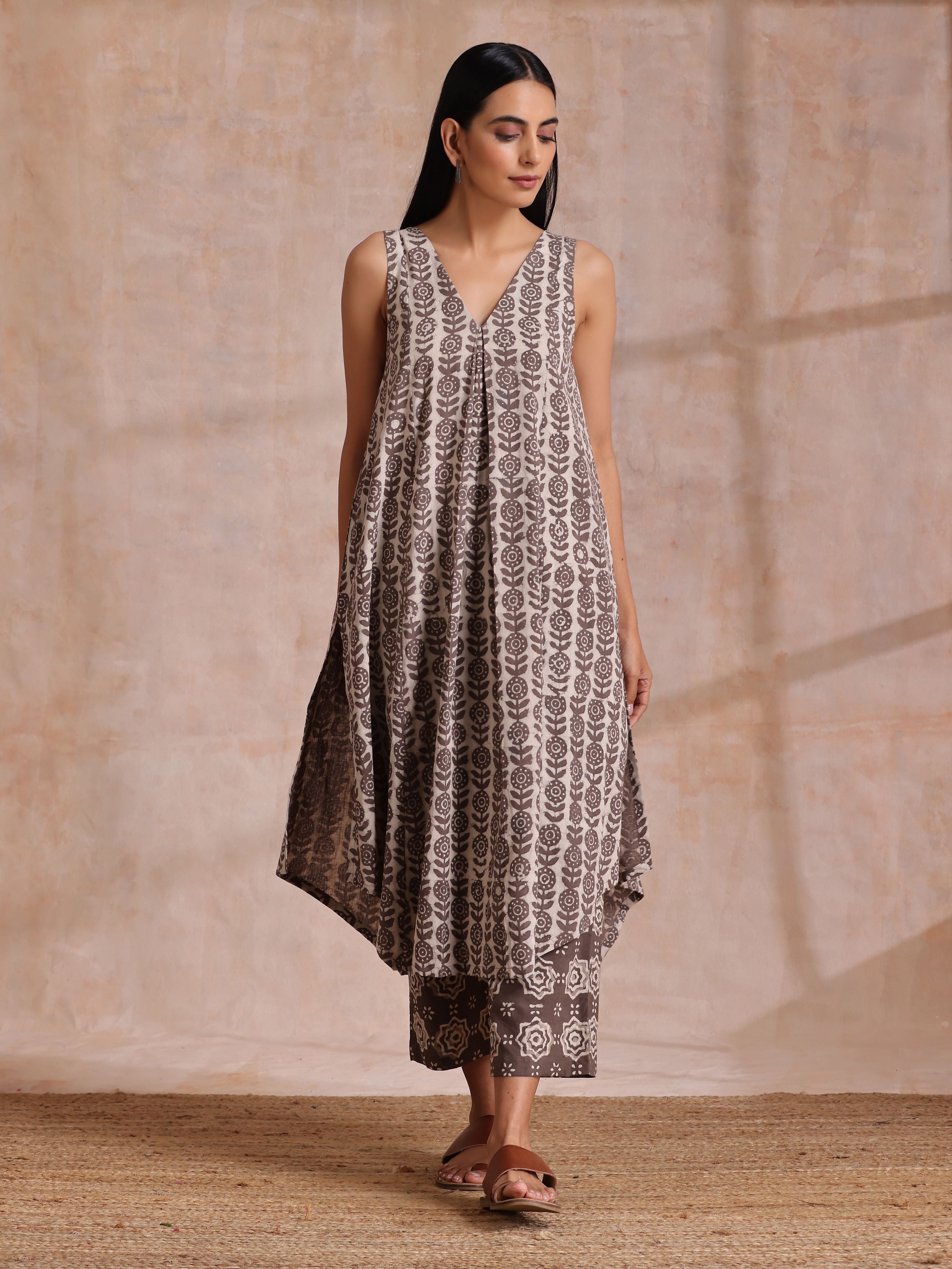 trueBrowns Clay Dabu Buta Print Cotton Sleeveless Flared Kurta Pant Set - Distacart