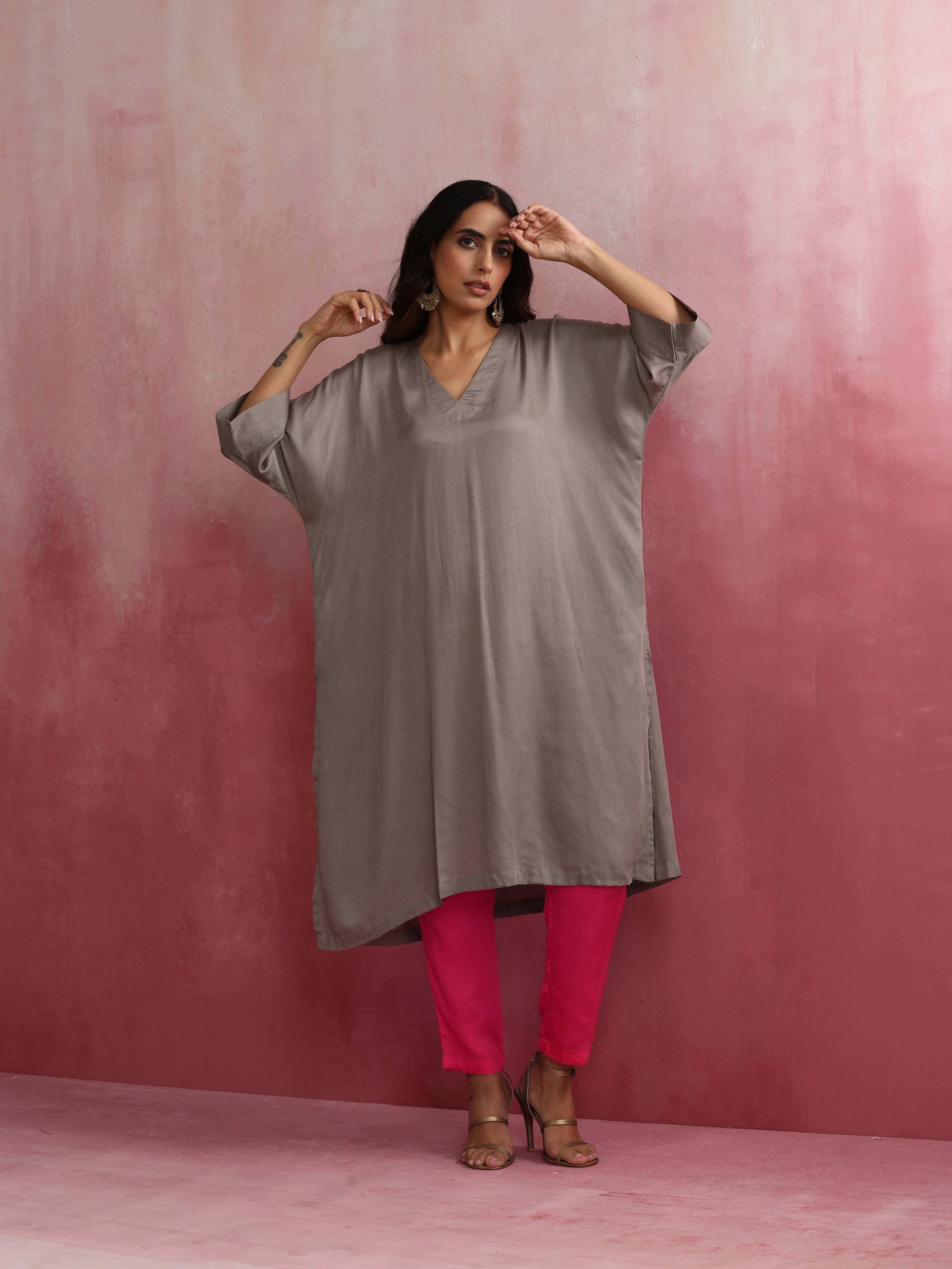 trueBrowns Grey Modal Kimono Kurta Set - Distacart
