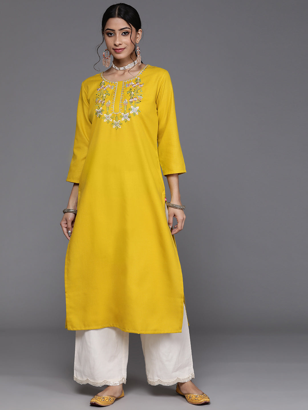 Varanga Women Mustard Yellow Floral Yoke Embroidered Straight Kurta - Distacart