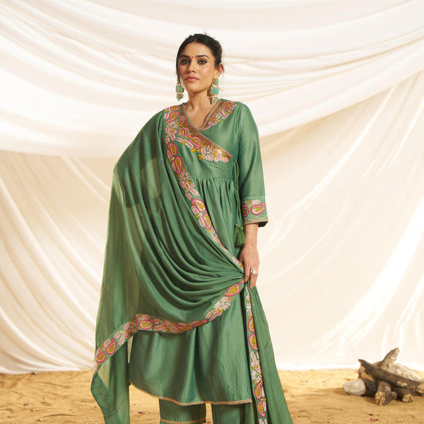 BulBul Women Green Embroidered Premium Silk Angrakha Pattern Flare Suit With Dupatta