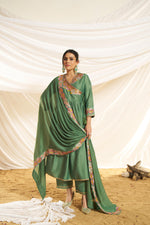 Thumbnail for BulBul Women Green Embroidered Premium Silk Angrakha Pattern Flare Suit With Dupatta
