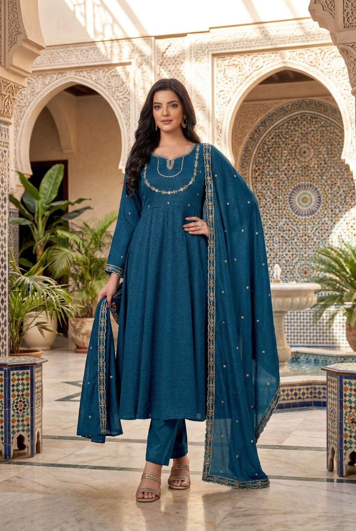 Anaita Blue Anarkali Readymade Suit with Embroidery Work - Dista