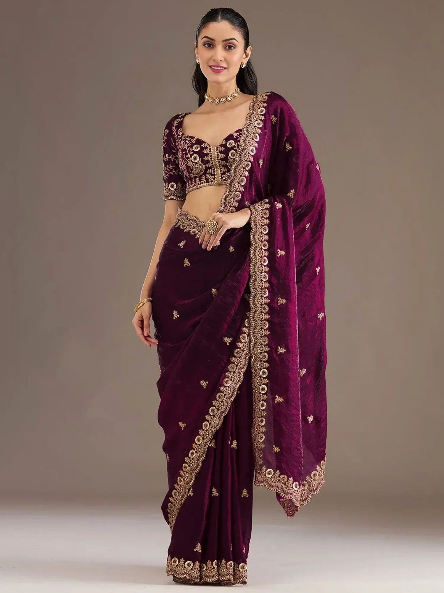 Tulsi Art Stunning Wine Embroidered Silk Reception Wear Saree With Blouse - Dista