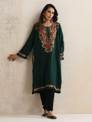 trueBrowns Green Kashmiri Floral Embroidered Woollen Phiran Kurta - Distacart