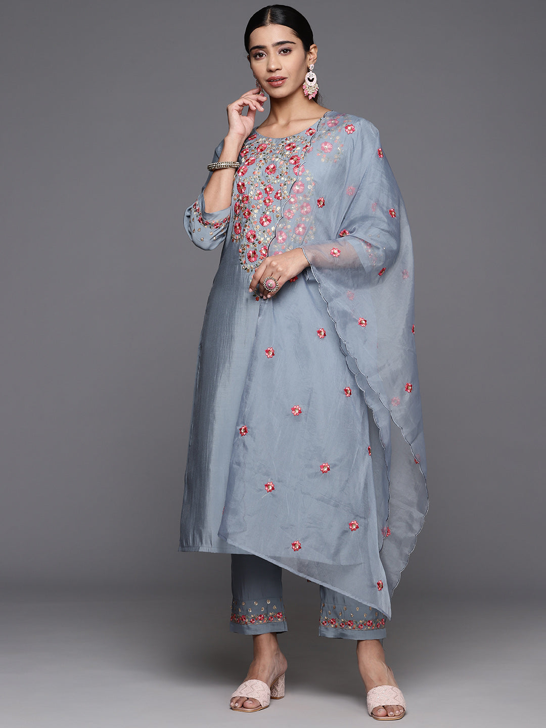 Varanga Women Blue Embroidered Kurta Paired With Tonal Bottom And Organza Embroidered Dupatta - Distacart