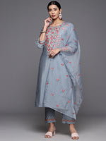 Thumbnail for Varanga Women Blue Embroidered Kurta Paired With Tonal Bottom And Organza Embroidered Dupatta - Distacart