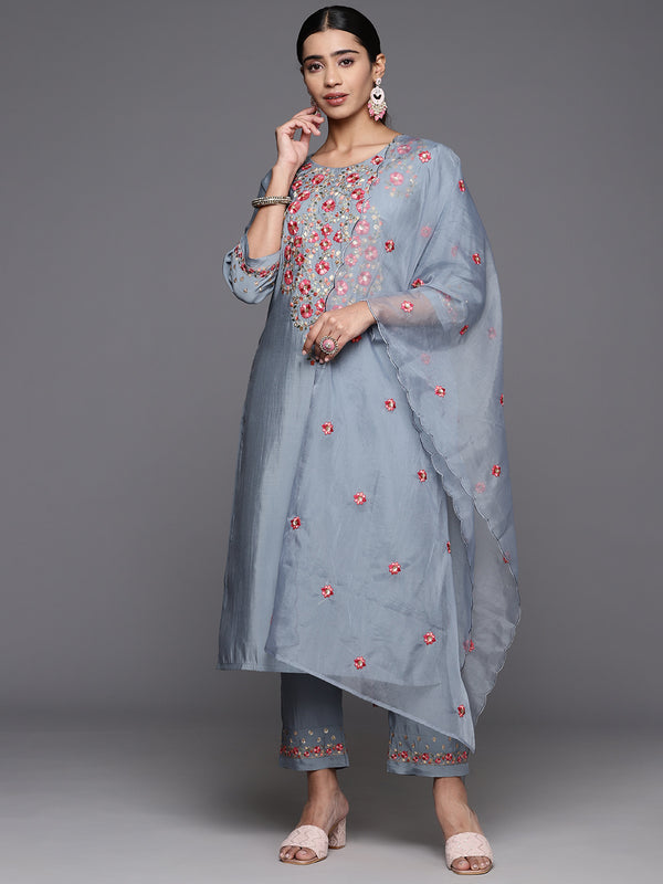 Varanga Women Blue Embroidered Kurta Paired With Tonal Bottom And Organza Embroidered Dupatta - Distacart