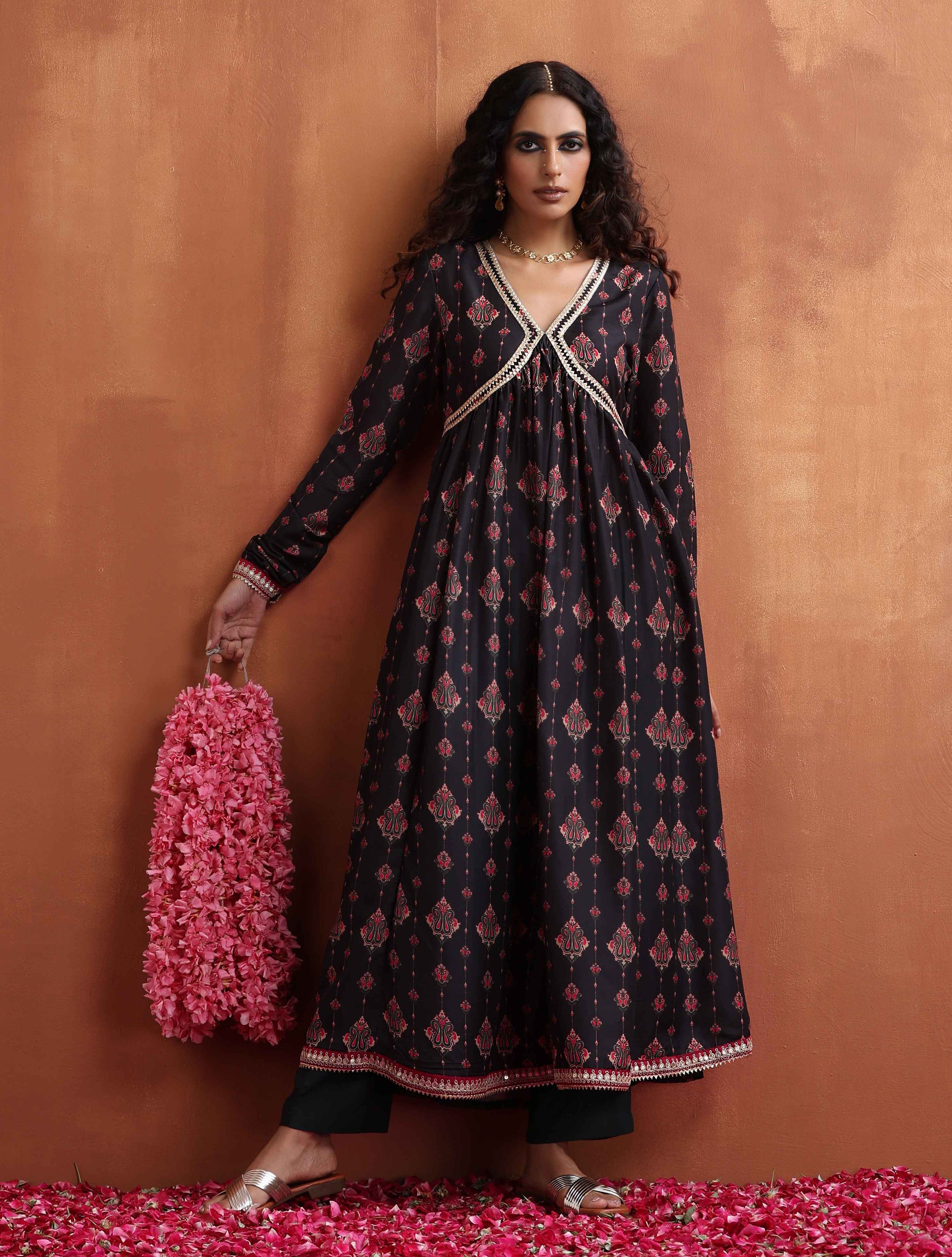 trueBrowns Black Print Flared Anarkali Kurta Set - Distacart