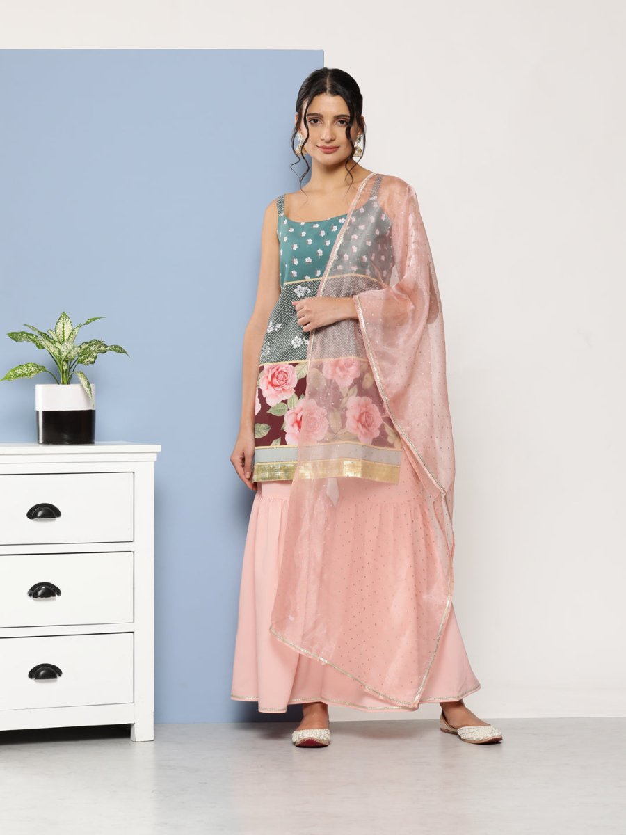 Ahalyaa Women Green Floral Printed Gotta Patti Kurta with Sharara & With Dupatta - Distacart