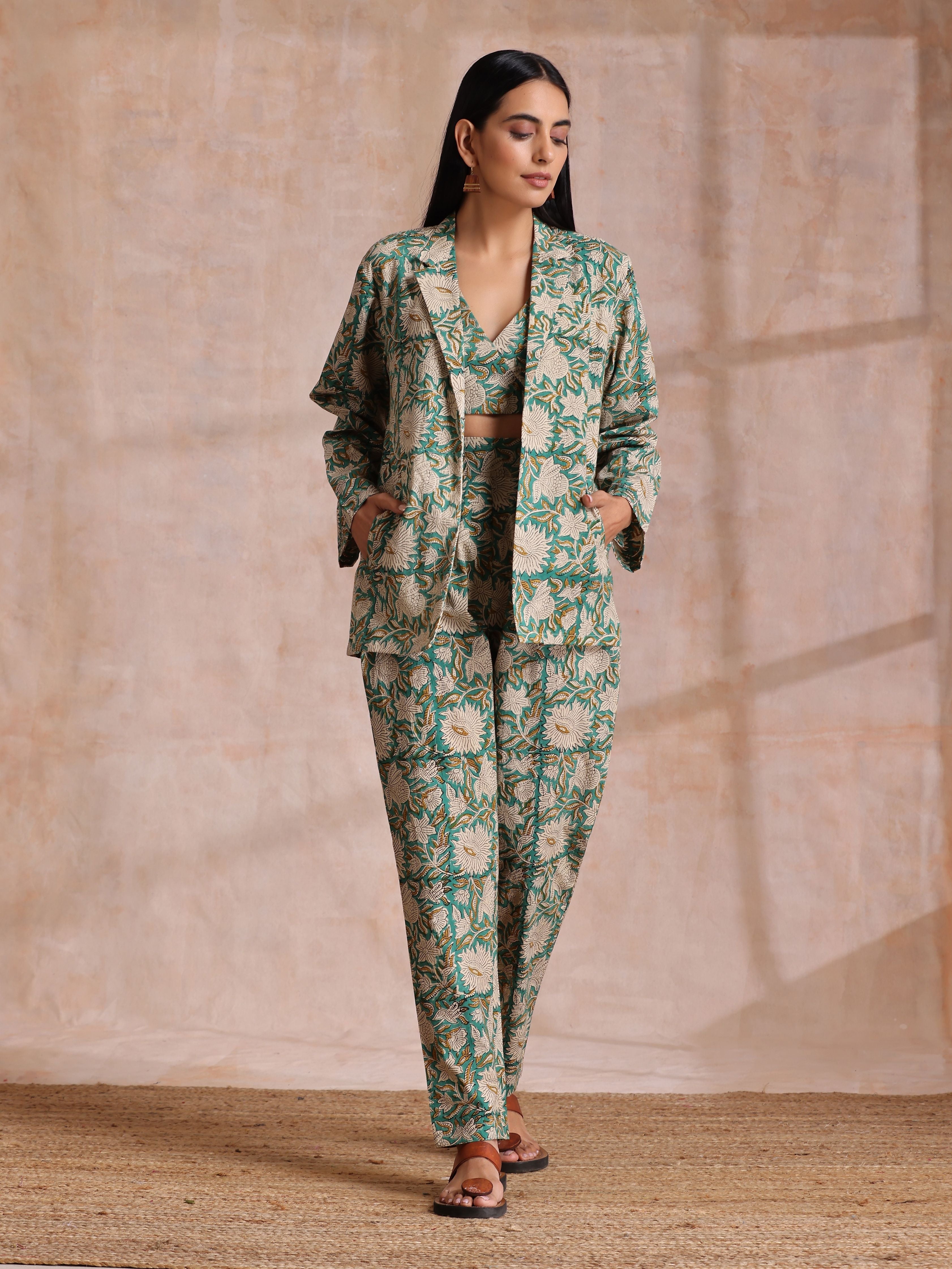 trueBrowns Fern Green Overall Floral Block Print Cotton Pant Suit Set - Distacart