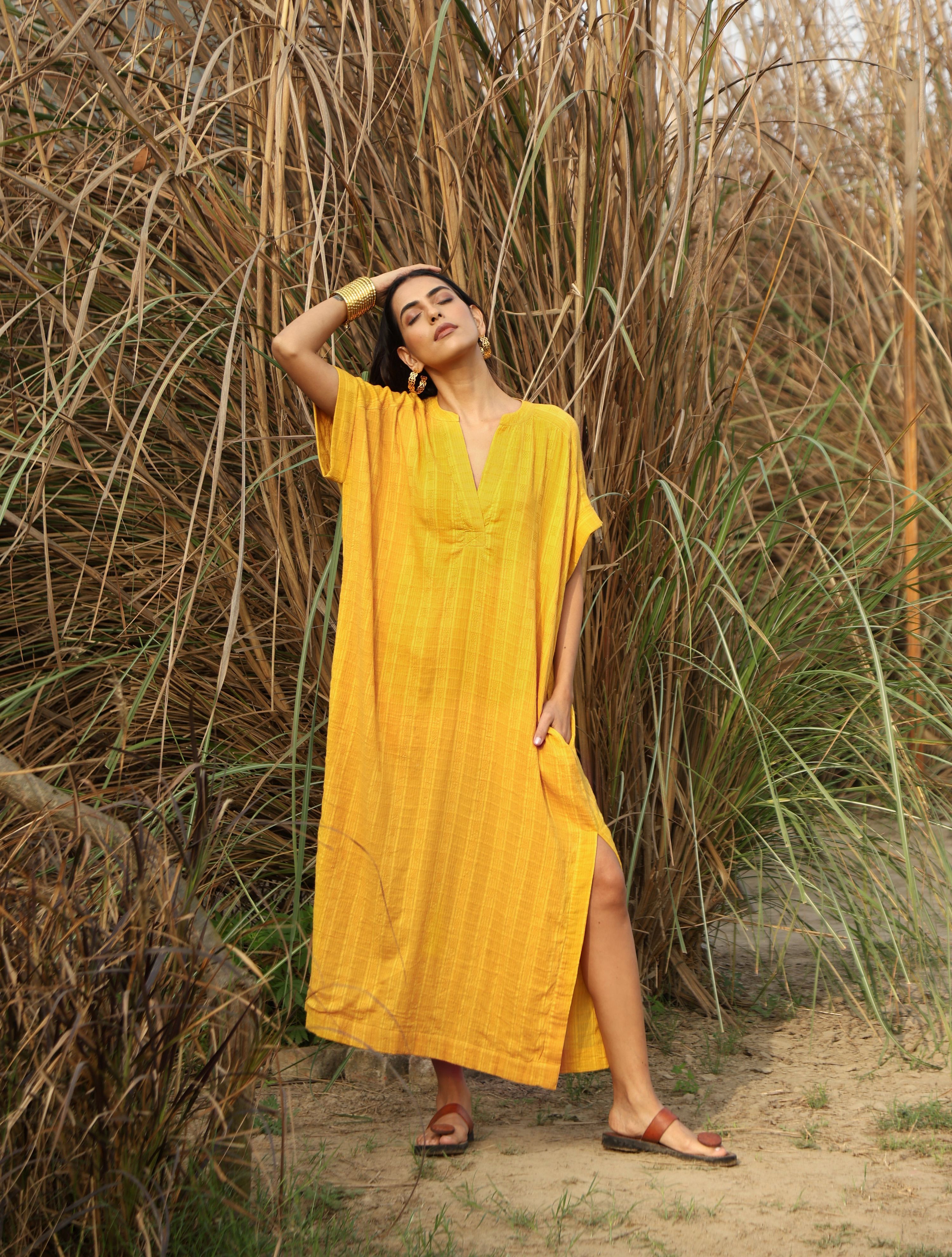 trueBrowns Mustard Cotton Dobby Oversized Dress - Distacart