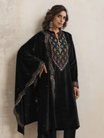 Thumbnail for trueBrowns Black Velvet Geometric Embroidered Kurta Pant Dupatta Set