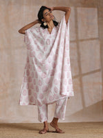 Thumbnail for trueBrowns Pink Big Buta On White Print Cotton Panel Kaftan Kurta Pant Set - Distacart