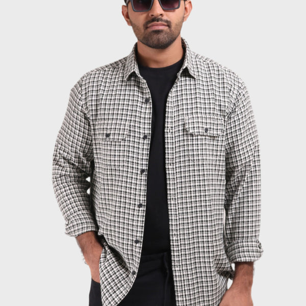 Xkind White Textured Checks Overshirt/ Shirt