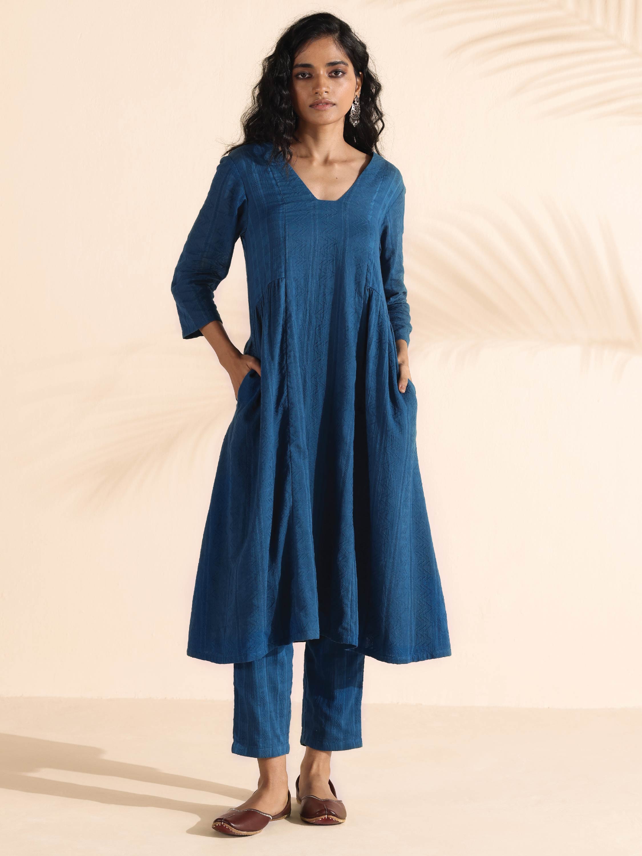 trueBrowns Blue Cotton Dobby Flared Kurta Pant Set - Distacart