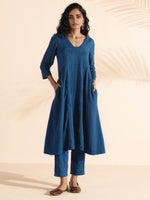 Thumbnail for trueBrowns Blue Cotton Dobby Flared Kurta Pant Set - Distacart