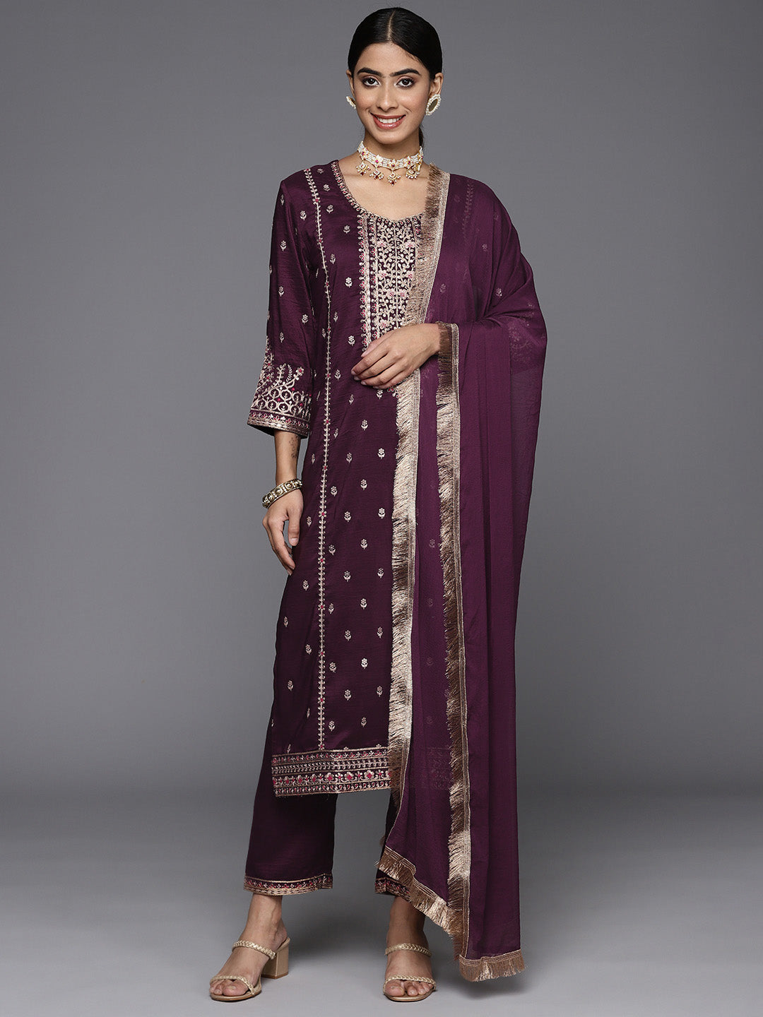 Varanga Women Burgundy Embroidered Kurta Paired With Tonal Bottom And Dupatta - Distacart