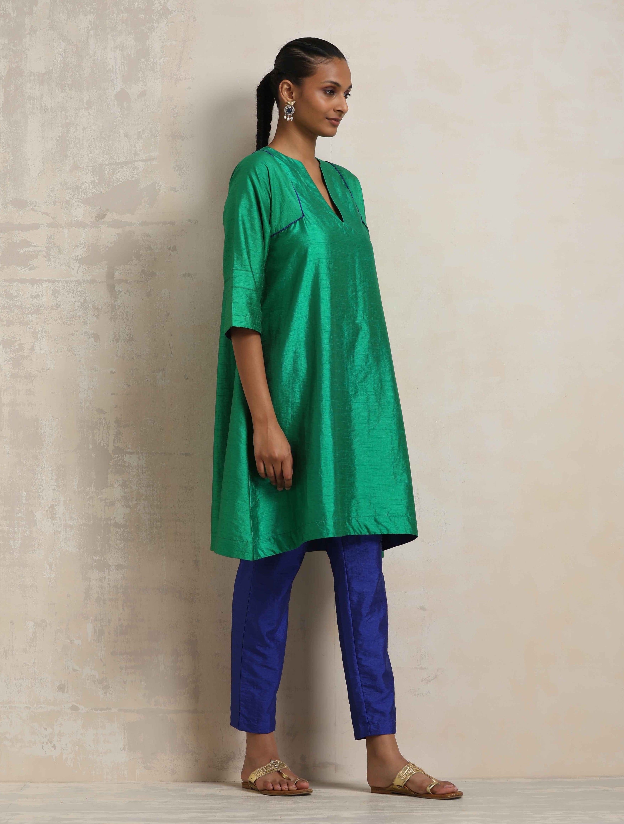 trueBrowns Bright Green Silk Kurta Co-ord Set - Distacart
