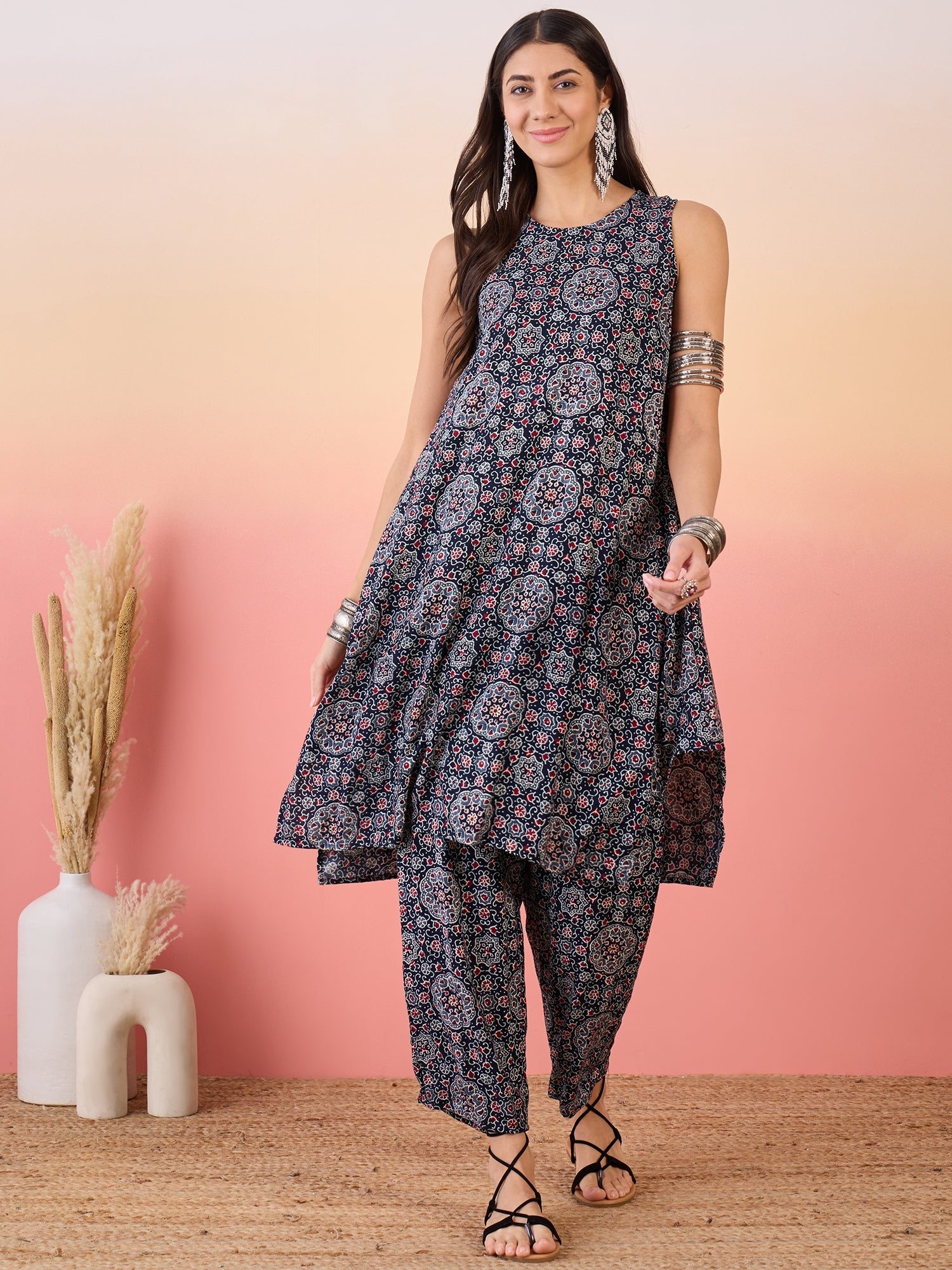 InWeave Navy Maroon Ajrakh Foil Round Neck Kurta Pant Set - Distacart