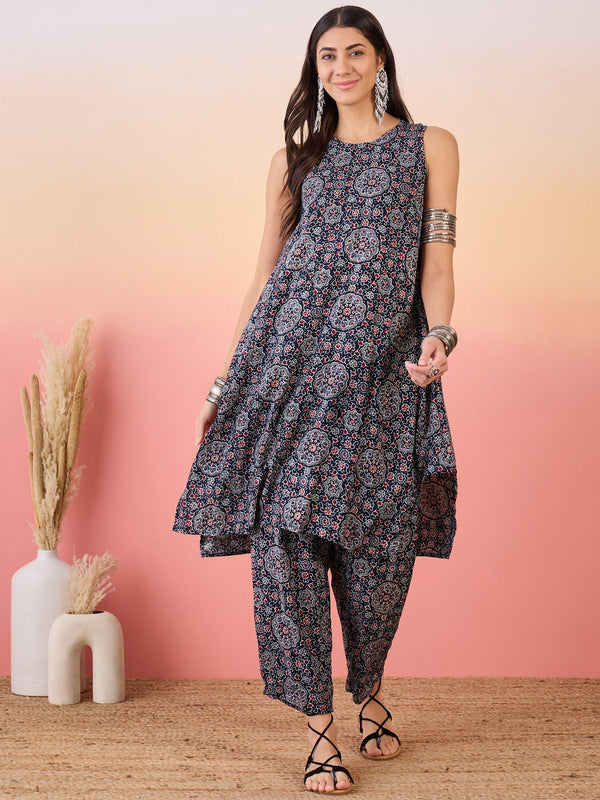 InWeave Navy Maroon Ajrakh Foil Round Neck Kurta Pant Set