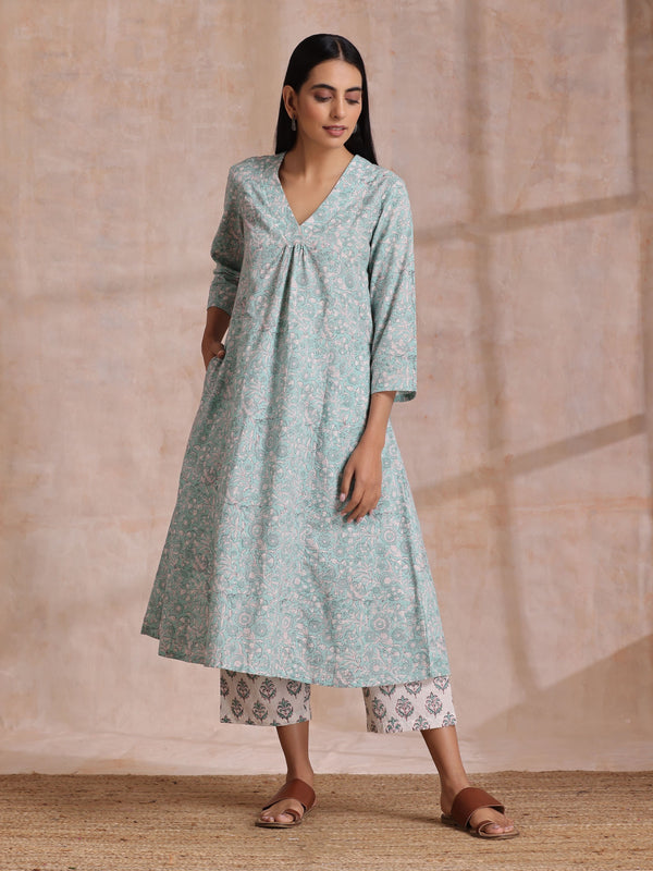 trueBrowns Tiffany Blue Floral Block Print Cotton Front Neck Gathered Kurta Pant Set - Distacart