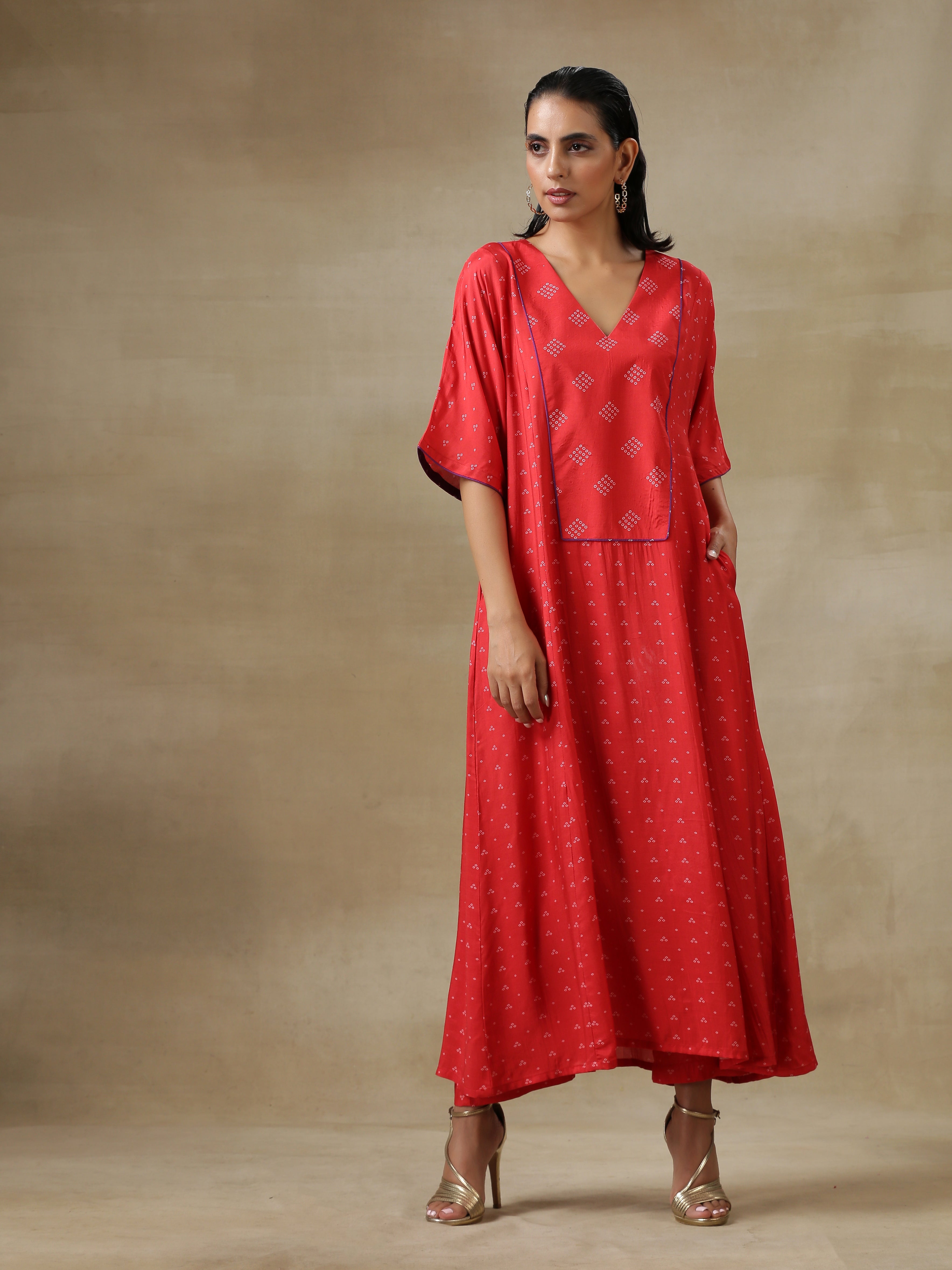 trueBrowns Red Bandhani Printed Silk Long Kurta Pant Set - Distacart