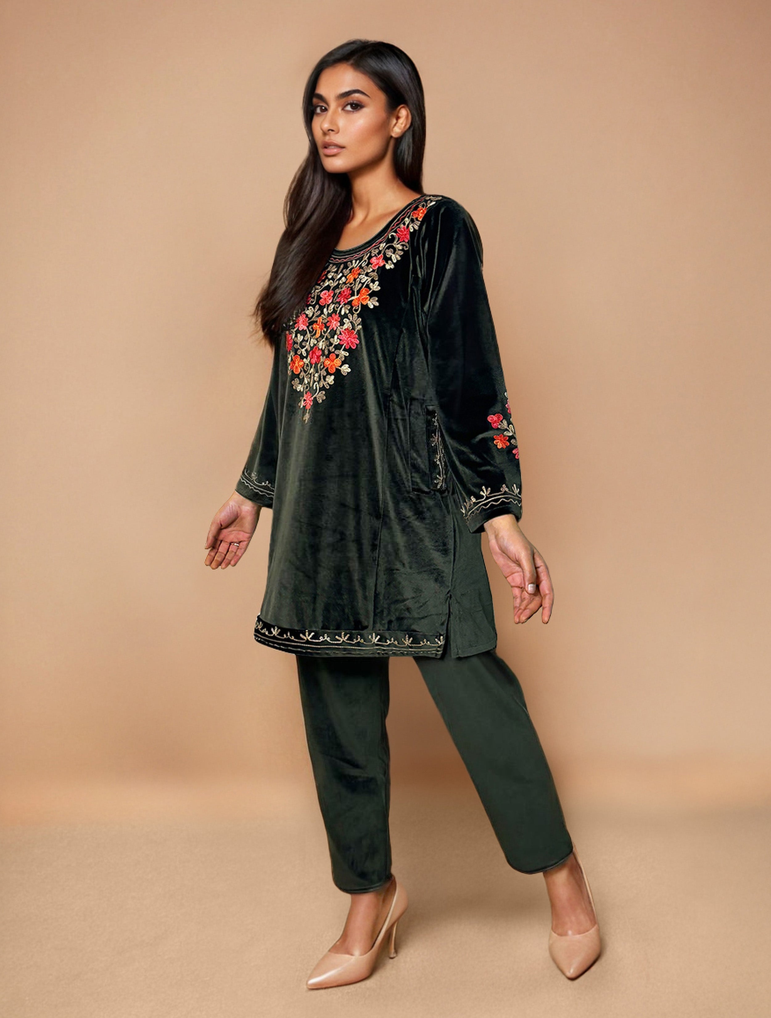trueBrowns Olive Green Velvet Embroidered Co-ord Set - Distacart