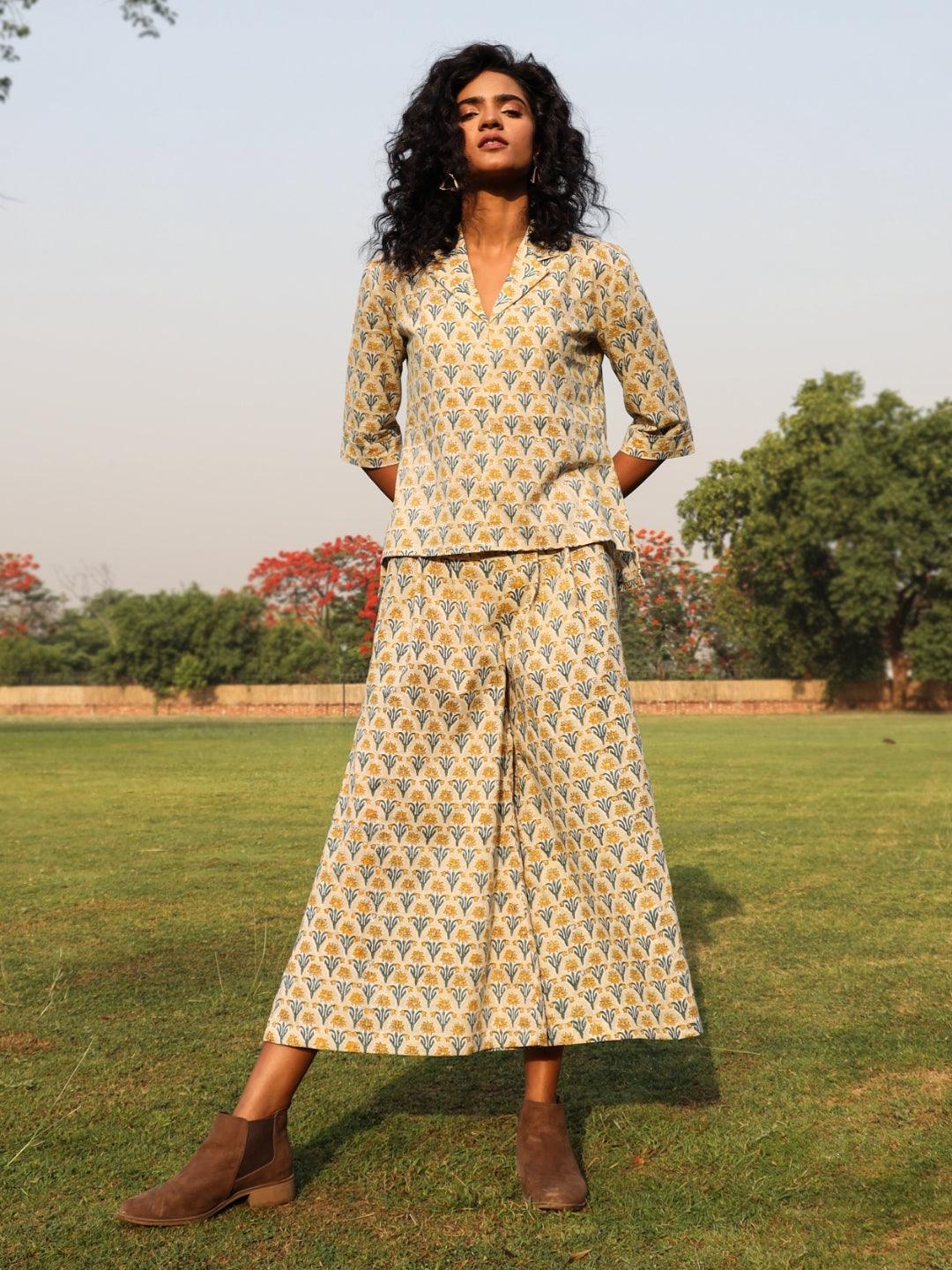 trueBrowns Light Sage Cotton Block Print Lapel Shirt Co-Ord Set - Distacart