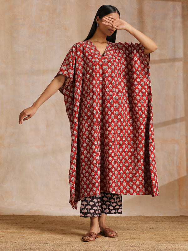 trueBrowns Rust Red Bagru Floral Print Cotton Panel Kaftan Kurta Pant Set - Distacart