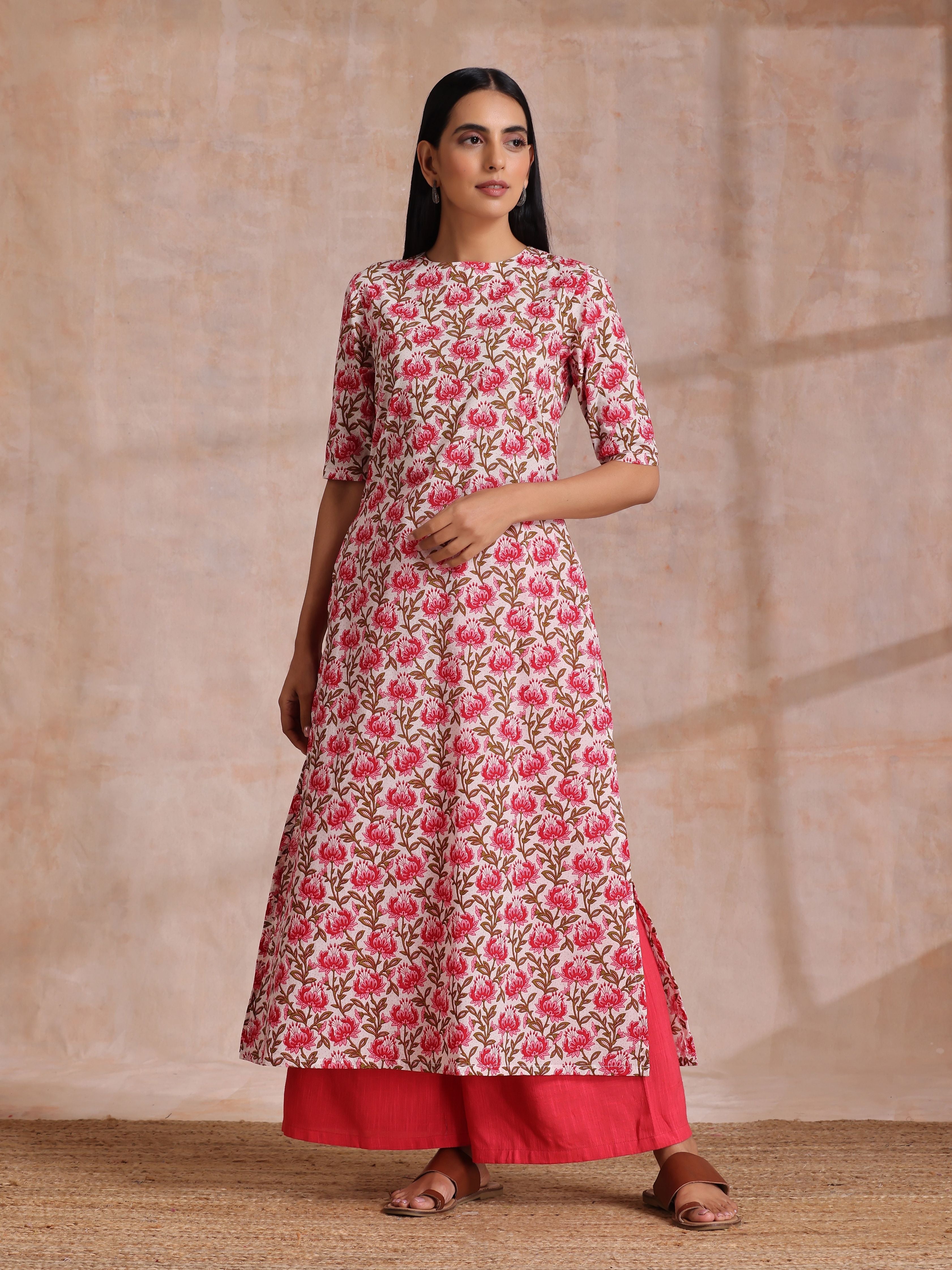 trueBrowns Pink Brown Overall Floral On White Block Print Cotton Slit Kurta Pant Set - Distacart