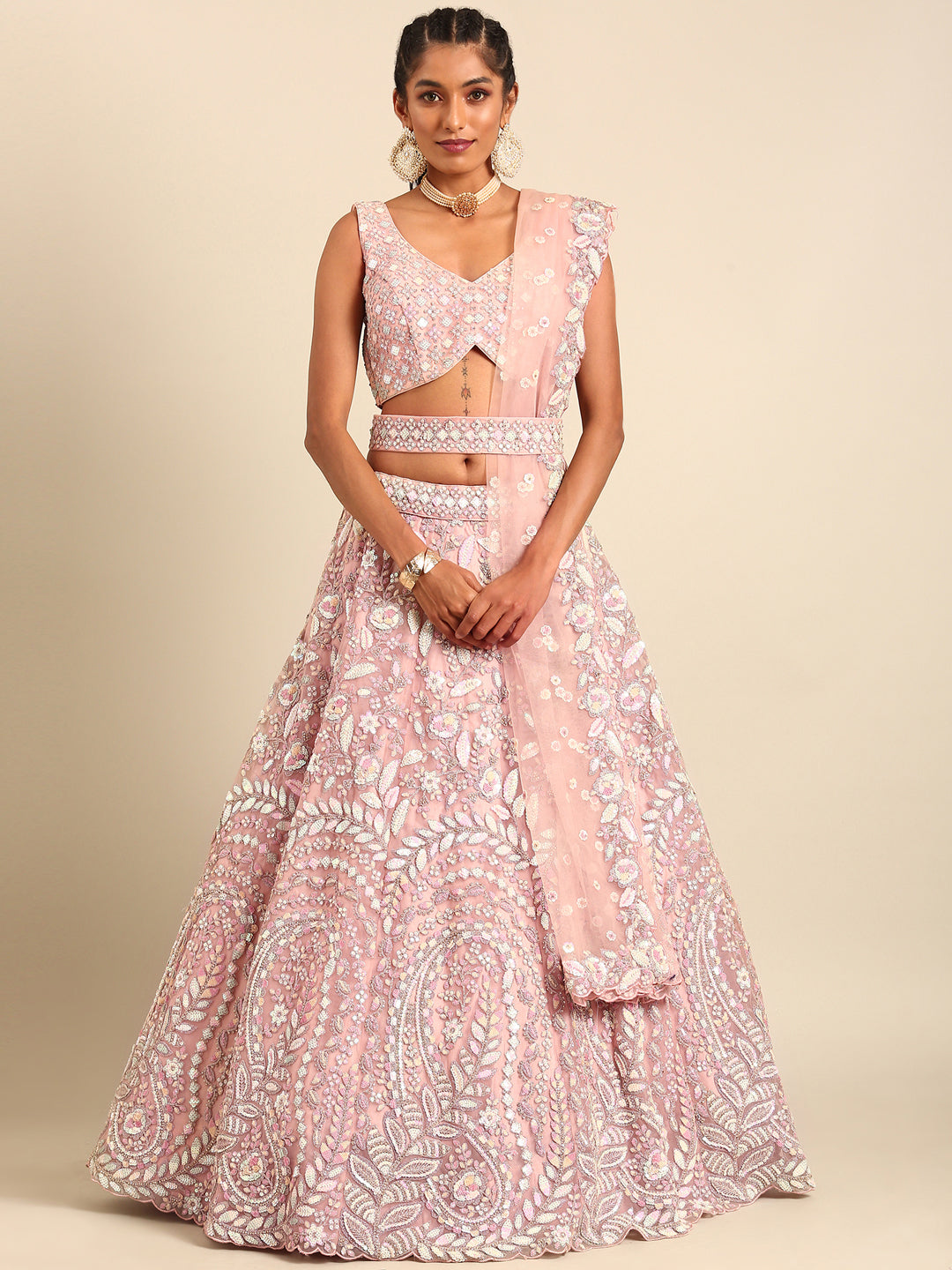 House of Panchhi Pink Net Multi Sequins with heavy Zarkan embroidery Lehenga choli & Dupatta - Distacart