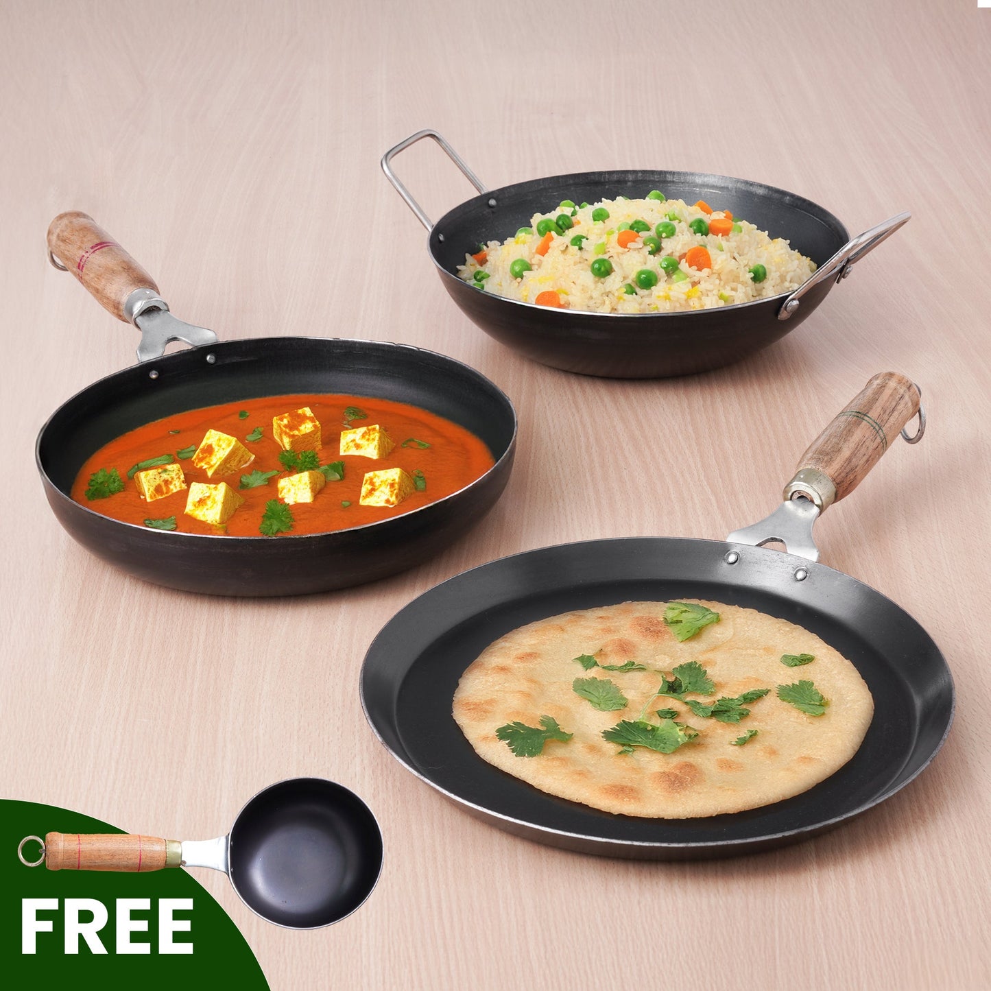 The Indus Valley 100% Pure Iron Cookware Set: Kadai+ Tawa+ Fry Pan, Toxin-free Sheet Iron, Pre-seasoned, Induction & Gas, Kitchen Set for Home, Tadka Pan - Distacart
