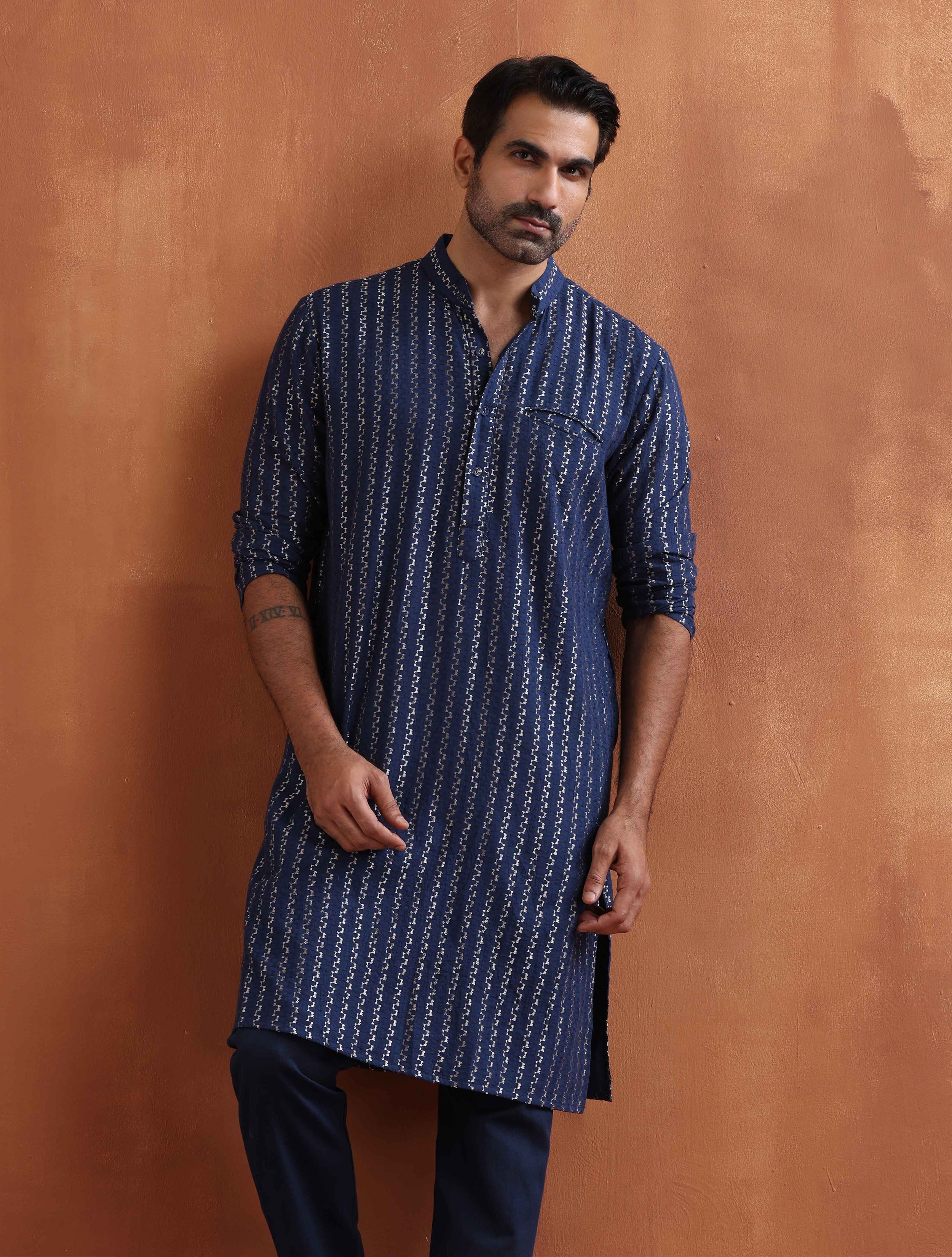 trueBrowns Men's Blue Cotton Dobby Kurta - Distacart