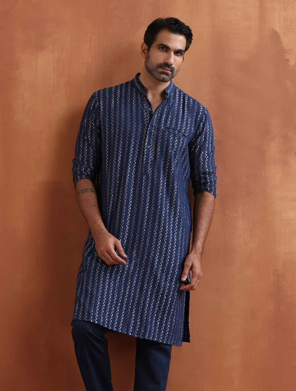 trueBrowns Men's Blue Cotton Dobby Kurta
