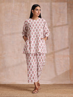 Thumbnail for trueBrowns Pink Brown Buta On White Block Print Cotton Baggy Sleeve Co-Ord Set - Distacart